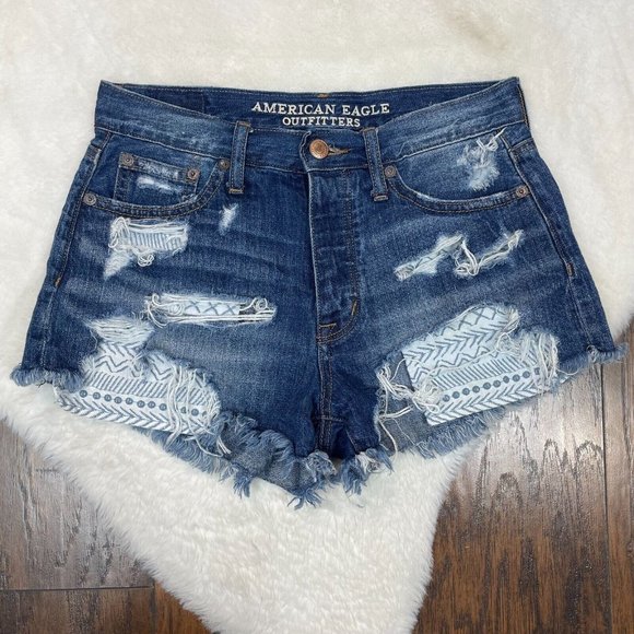 American Eagle Denim Shorts 0 Medium Wash Distressed Frayed High-Rise Festival - Picture 1 of 12